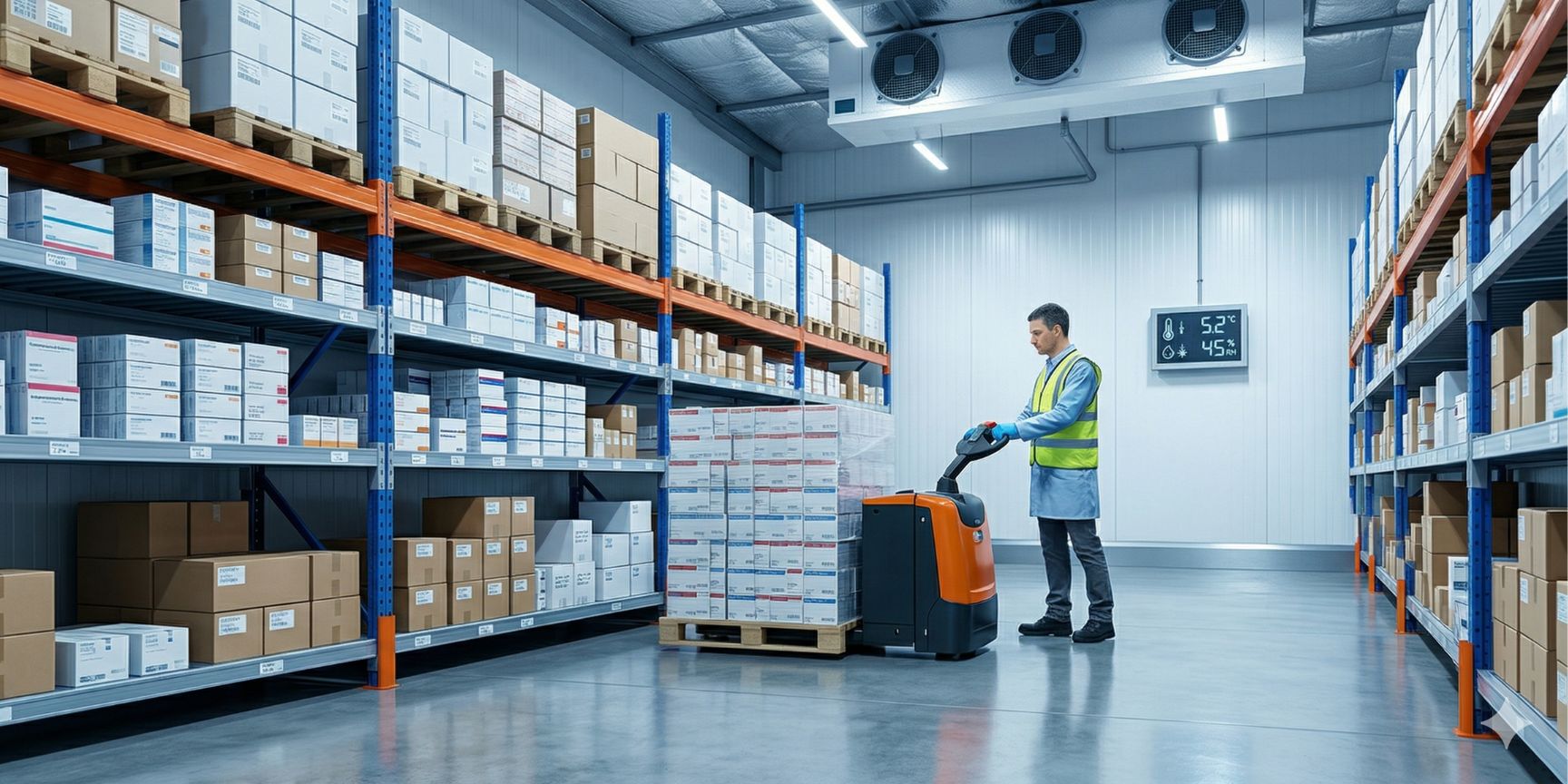 Photo of a temperature-controlled GDP pharmaceutical warehouse. A logistics employee operates a pallet truck in a clinical high-bay warehouse. A wall sensor monitors the temperature. SEO, barrier-free.